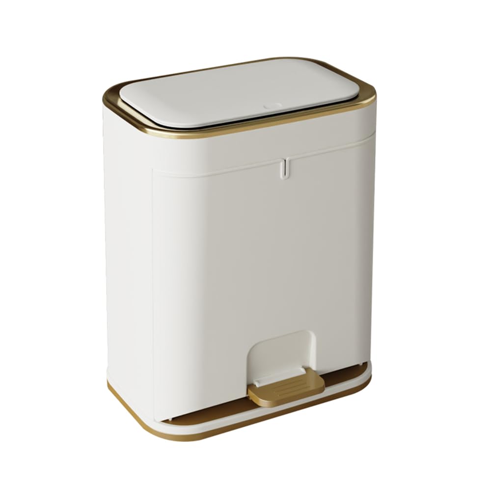 Bathroom Trash Can with Lid, Plastic 3 Gallon Garbage can with Press top Lid, Gold Step Pedal Trash can, Narrow White Trash bin for Kitchen, Bathroom, Bedroom, Living Room, Office, Dog Proof Trash Can