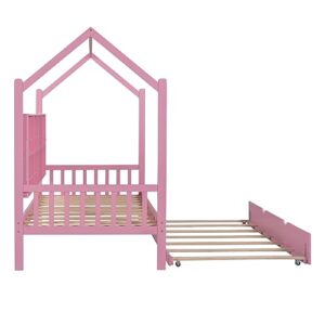 GOWE Wooden Twin Size House Bed with Trundle,Kids Bed with Shelf,Pink