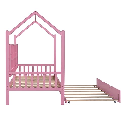 GOWE Wooden Twin Size House Bed with Trundle,Kids Bed with Shelf,Pink