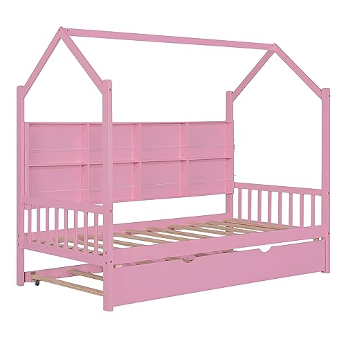 GOWE Wooden Twin Size House Bed with Trundle,Kids Bed with Shelf,Pink