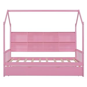 GOWE Wooden Twin Size House Bed with Trundle,Kids Bed with Shelf,Pink