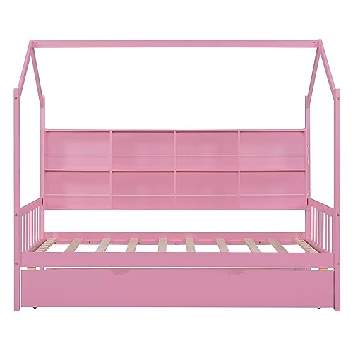 GOWE Wooden Twin Size House Bed with Trundle,Kids Bed with Shelf,Pink