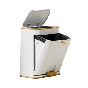 bathroom trash can with lid, plastic 3 gallon garbage can with press top lid, gold step pedal trash can, narrow white trash bin for kitchen, bathroom, bedroom, living room, office, dog proof trash can