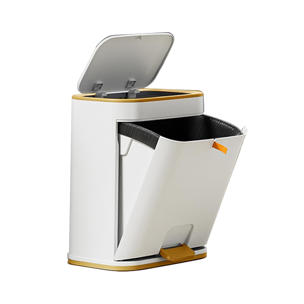 Bathroom Trash Can with Lid, Plastic 3 Gallon Garbage can with Press top Lid, Gold Step Pedal Trash can, Narrow White Trash bin for Kitchen, Bathroom, Bedroom, Living Room, Office, Dog Proof Trash Can