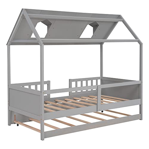 Twin Size House Bed Wood Bed with Twin Size Trundle (Gray)