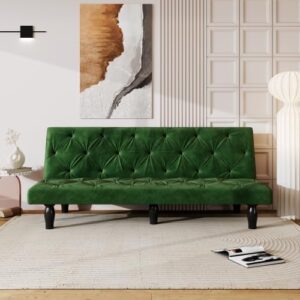 anwickjeff 66'' velvet convertible futon sofa bed, mid century small green couch sleeper loveseat with golden metal legs, modern couches for small spaces,bedroom (green)