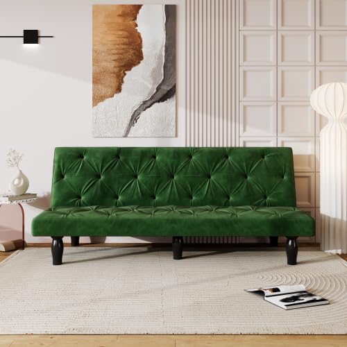 anwickjeff 66'' Velvet Convertible Futon Sofa Bed, Mid Century Small Green Couch Sleeper Loveseat with Golden Metal Legs, Modern Couches for Small Spaces,Bedroom (Green)