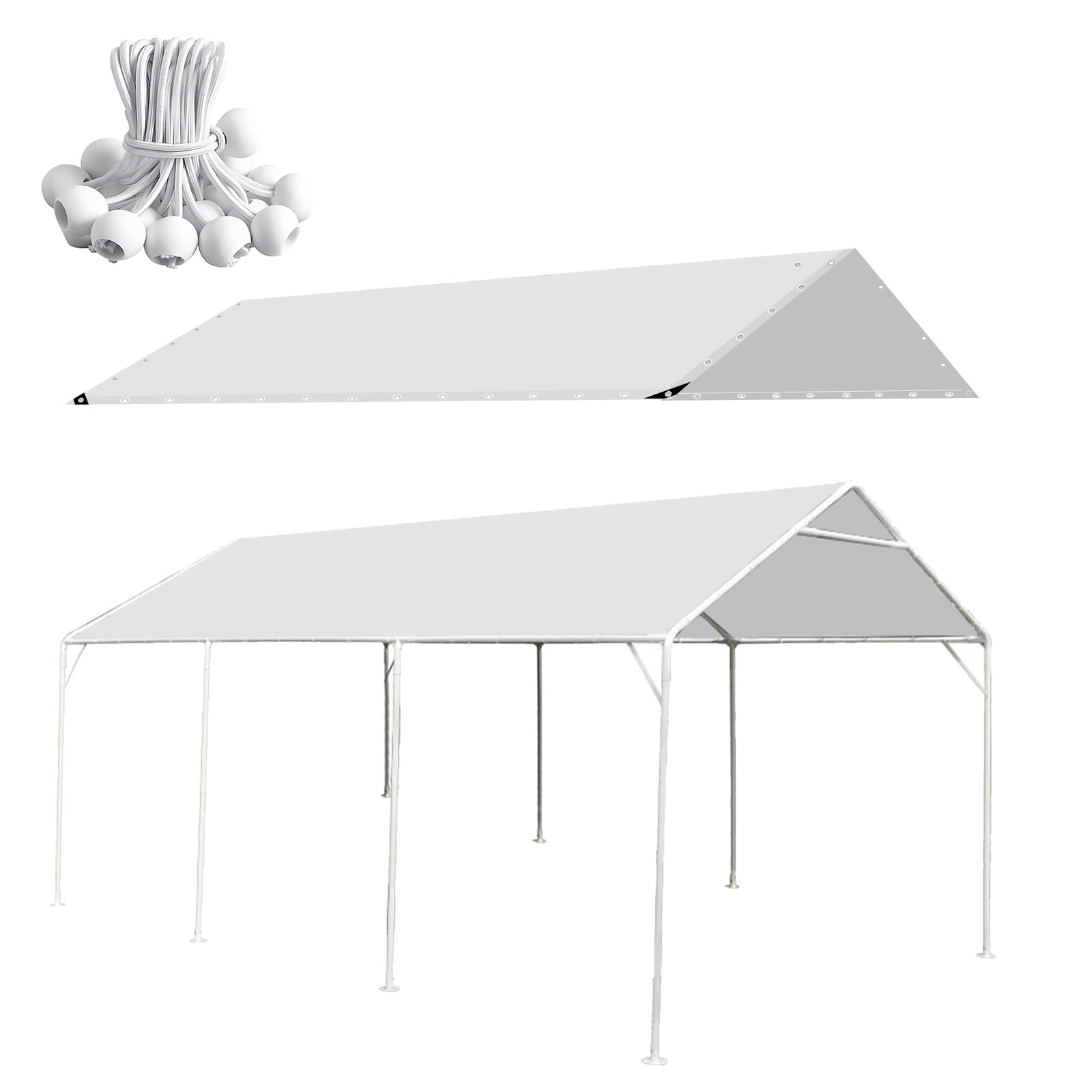 HFYZZ 10 x 20 Ft Heavy Duty Carport Replacement Canopy Cover Waterproof & UV Protected Garage Top Shelter Tarp Tent Cover with 44 Ball Bungees Cords, Only Top Cover, White