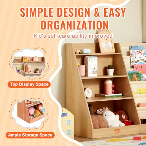 VEVOR Wooden Kids Bookshelf 4-Tier, Toy Storage Organizer for Toddler, Book Shelf for Kids Rooms with 6-Layer Sling Book Rack, Baby Book Storage Shelves for Kids Room, Playroom, Kindergarten, Nursery