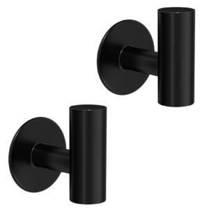 2 pack adhesive towel hooks for bathroom, waterproof wall mount towel holder, matte black wall robe hook, stainless steel heavy duty door hanger towel hook for kitchen, bedroom, hotel