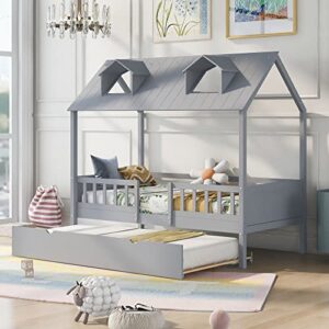 twin size house bed wood bed with twin size trundle (gray)