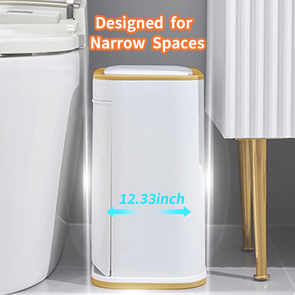 Bathroom Trash Can with Lid, Plastic 3 Gallon Garbage can with Press top Lid, Gold Step Pedal Trash can, Narrow White Trash bin for Kitchen, Bathroom, Bedroom, Living Room, Office, Dog Proof Trash Can