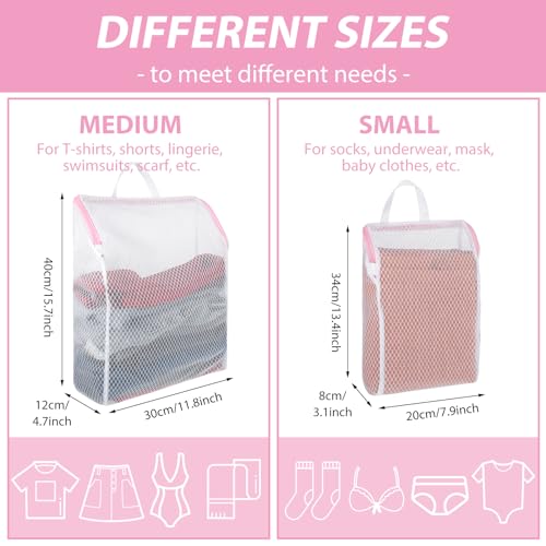 Abeillo 2 Pcs Sock Laundry Bag for Washing Machine, Honeycomb Mesh Laundry Bags with Handle, Large Opening Delicate Wash Bag for Coat, Sweater, Lingerie Sock Sheet(Pink,7.9×13.4inch,11.8×15.7inch)