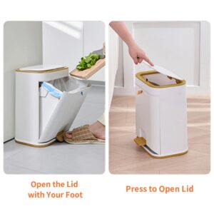 Bathroom Trash Can with Lid, Plastic 3 Gallon Garbage can with Press top Lid, Gold Step Pedal Trash can, Narrow White Trash bin for Kitchen, Bathroom, Bedroom, Living Room, Office, Dog Proof Trash Can