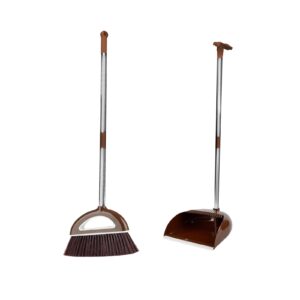 upright dust pan and broom indoor 180 rotatable standing storage buckle type brooms and dustpan set with scraping teeth and scraper deep cleaning suitable for home