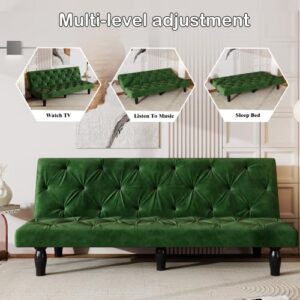 anwickjeff 66'' Velvet Convertible Futon Sofa Bed, Mid Century Small Green Couch Sleeper Loveseat with Golden Metal Legs, Modern Couches for Small Spaces,Bedroom (Green)