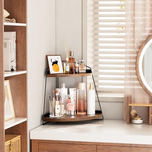 Puricon Bathroom Counter Organizer, 2 Tier Corner Countertop Storage Shelf Bathroom Sink Organizer, Wood Triangle Bathroom Organization for Skincare Kitchen Vanitity- Brown