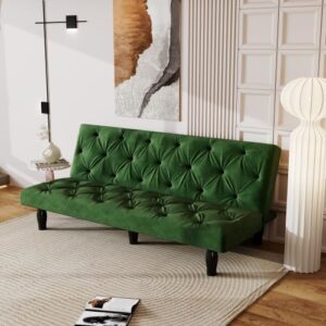 anwickjeff 66'' Velvet Convertible Futon Sofa Bed, Mid Century Small Green Couch Sleeper Loveseat with Golden Metal Legs, Modern Couches for Small Spaces,Bedroom (Green)