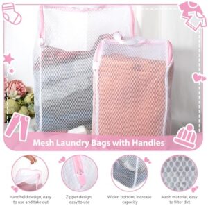 Abeillo 2 Pcs Sock Laundry Bag for Washing Machine, Honeycomb Mesh Laundry Bags with Handle, Large Opening Delicate Wash Bag for Coat, Sweater, Lingerie Sock Sheet(Pink,7.9×13.4inch,11.8×15.7inch)