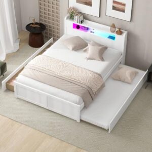 woodrk queen size storage platform bed frame with multifunctional headboard with led and storage shelves, modern wooden beds with 2 drawers and 1 twin size trundle, for bedroom, easy assembly, white