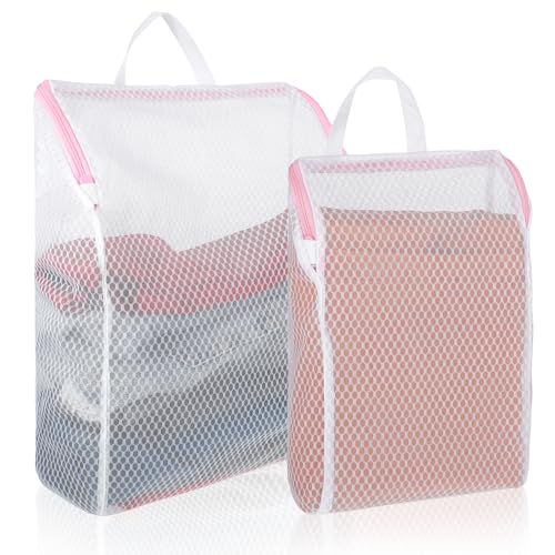 Abeillo 2 Pcs Sock Laundry Bag for Washing Machine, Honeycomb Mesh Laundry Bags with Handle, Large Opening Delicate Wash Bag for Coat, Sweater, Lingerie Sock Sheet(Pink,7.9×13.4inch,11.8×15.7inch)