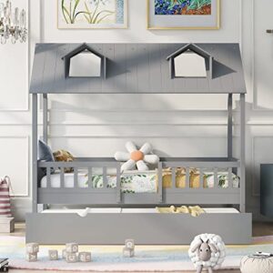 Twin Size House Bed Wood Bed with Twin Size Trundle (Gray)