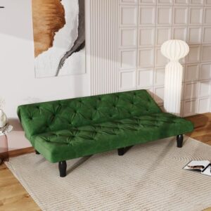 anwickjeff 66'' Velvet Convertible Futon Sofa Bed, Mid Century Small Green Couch Sleeper Loveseat with Golden Metal Legs, Modern Couches for Small Spaces,Bedroom (Green)