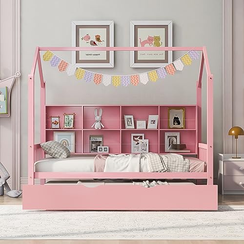 GOWE Wooden Twin Size House Bed with Trundle,Kids Bed with Shelf,Pink