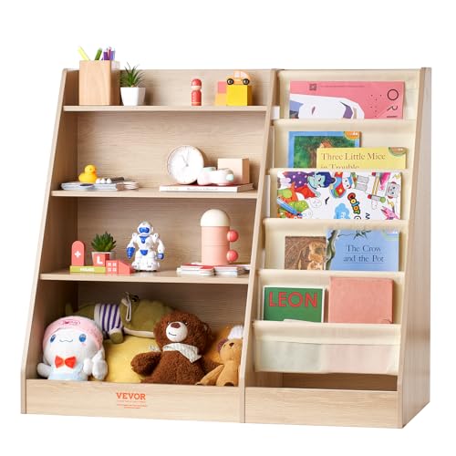 VEVOR Wooden Kids Bookshelf 4-Tier, Toy Storage Organizer for Toddler, Book Shelf for Kids Rooms with 6-Layer Sling Book Rack, Baby Book Storage Shelves for Kids Room, Playroom, Kindergarten, Nursery