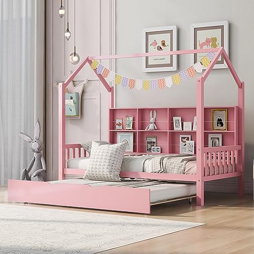 GOWE Wooden Twin Size House Bed with Trundle,Kids Bed with Shelf,Pink