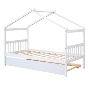 GOWE Twin Size Wooden House Bed with Twin Size Trundle, White