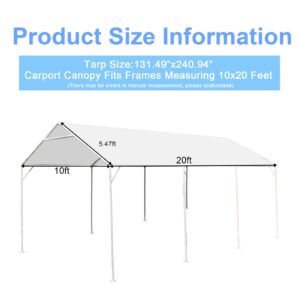 HFYZZ 10 x 20 Ft Heavy Duty Carport Replacement Canopy Cover Waterproof & UV Protected Garage Top Shelter Tarp Tent Cover with 44 Ball Bungees Cords, Only Top Cover, White