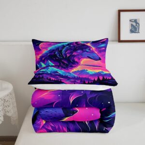 Castle Fairy Wolf Bedding Set Full Size Wild Jungle Animal Comforter Set for Kids Teens Room Decor Trippy Natural Scenery Duvet Insert Neon Starry Moon Galaxy Down Comforter Set,3Pcs