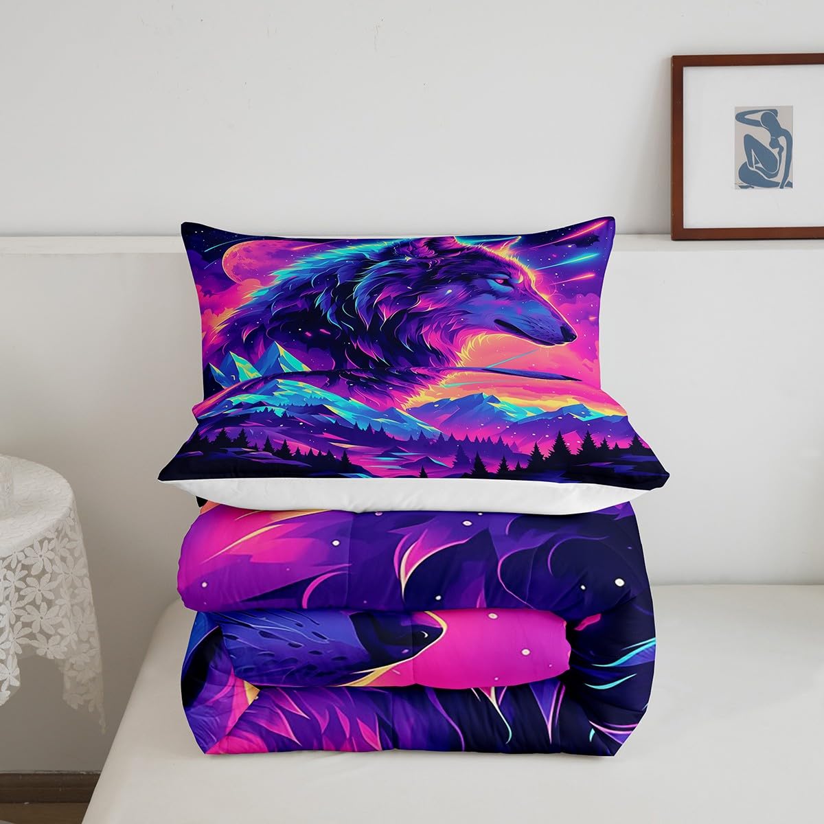 Castle Fairy Wolf Bedding Set Full Size Wild Jungle Animal Comforter Set for Kids Teens Room Decor Trippy Natural Scenery Duvet Insert Neon Starry Moon Galaxy Down Comforter Set,3Pcs