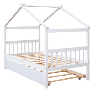 GOWE Twin Size Wooden House Bed with Twin Size Trundle, White