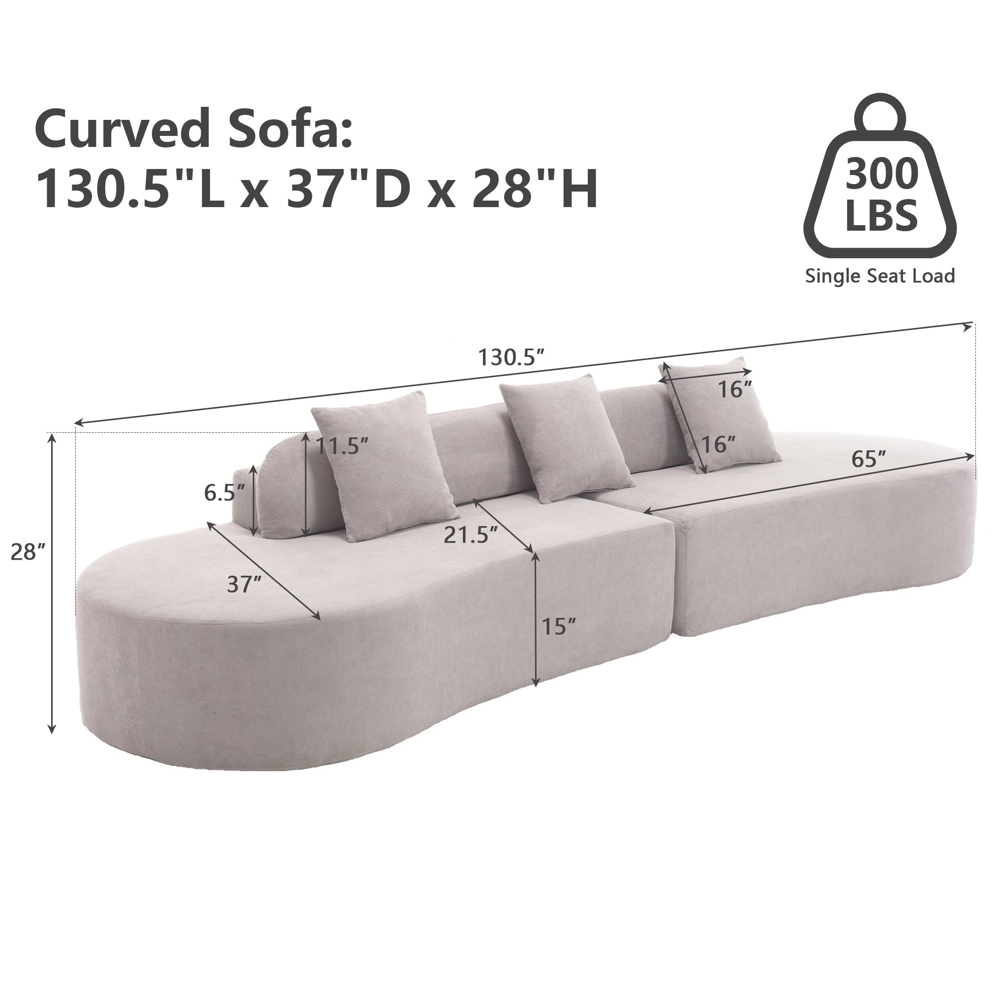 CALABASH 130.5" Oversized Curved Sofa, Modern Curved Sectional Sofa with 3 Pillows, Modular Deep Seat Terrycloth Fabric Sofa Couch for Living Room Furniture (Grey)