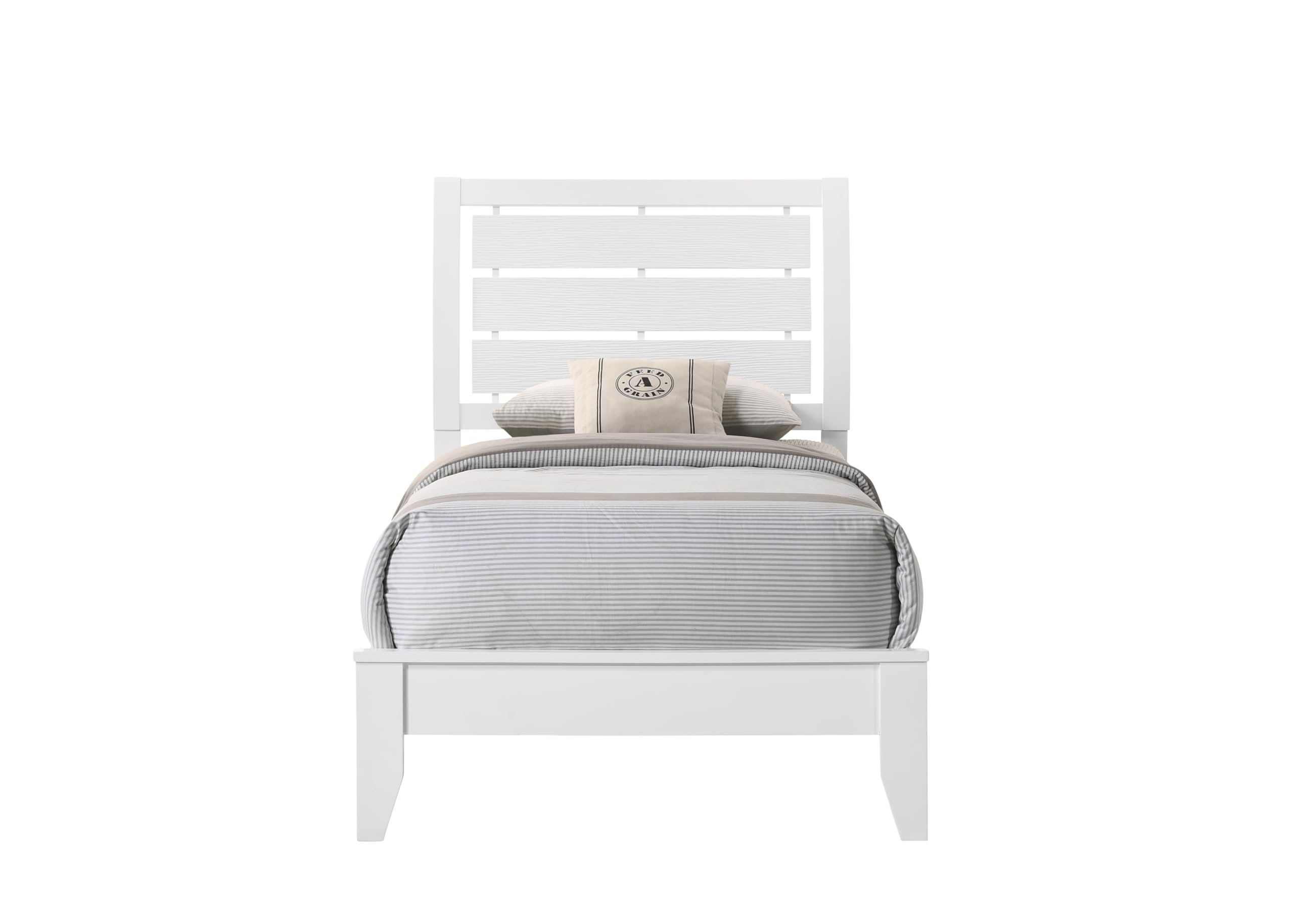 GOWE 1pc Twin Size White Finish Panel Bed Geometric Design Frame Softly Curved Headboard Wooden Youth Bedroom Furniture