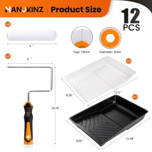 HANJKINZ Paint Roller Kit, 12 Pcs 6 Inch Small Paint Roller Kit with High-Density Foam Paint Roller, Paint Tray, Paint Tray Liner, Roller Frame, Mini Paint Roller for Painting Wall, Door, Cabinet