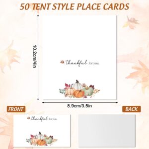 JarThenaAMCS 50Pcs Thanksgiving Table Tent Place Cards Thankful Pumpkin Guest Seating Cards Name Escort Card Folded Seat Assignment Setting Label for Wedding Baby Shower Birthday Party