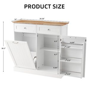 Spurgehom 13 Gallons Tilt Out Trash Cabinet Kitchen Storage Cabinet Free Standing Recycling Cabinet Trash Can Holder with Hideaway Drawers Pet Proof Trash Can for Kitchen Living Room, White