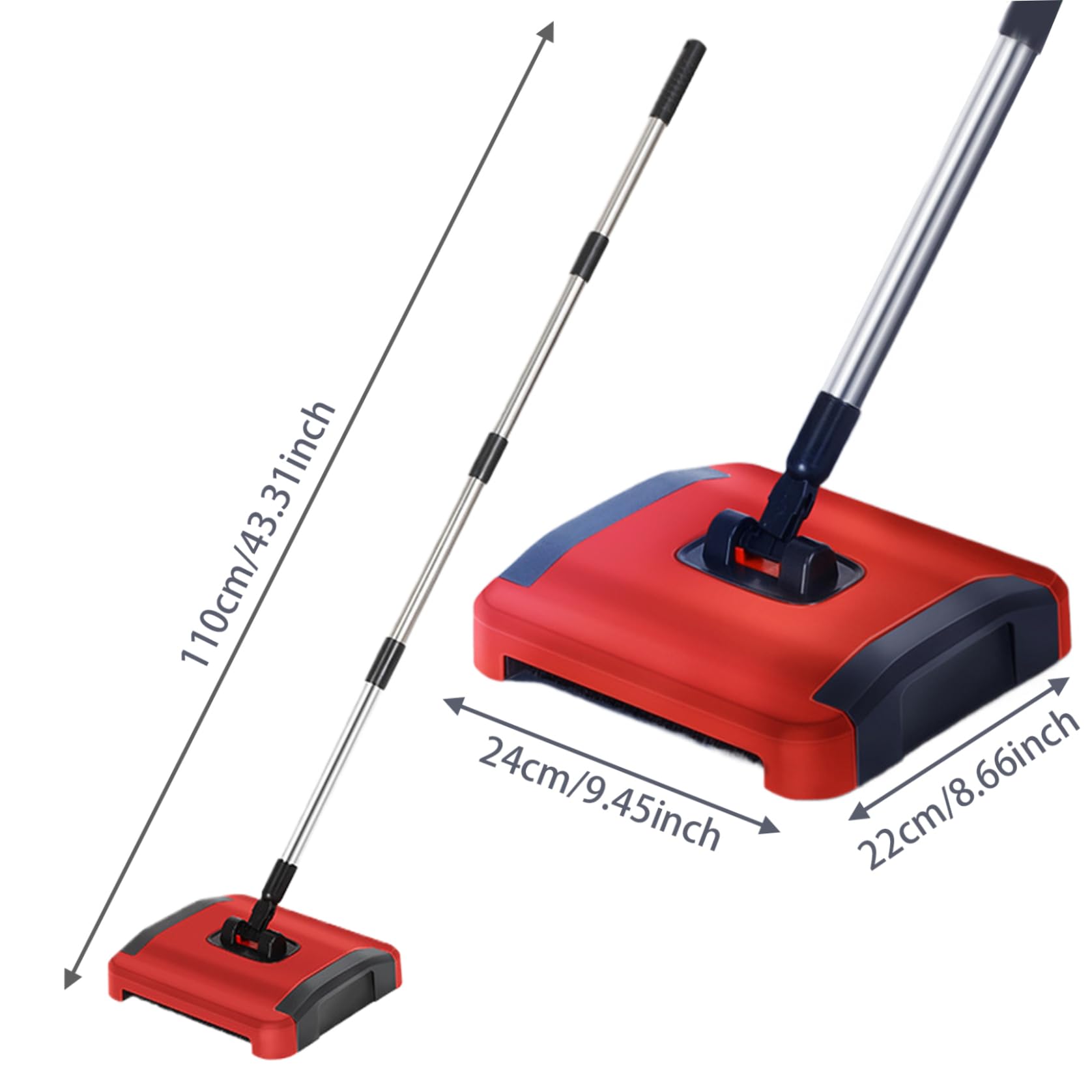 Carpet Sweeper Manual 3 Rolling Brushes Floor Sweeper Carpet Brush with Wheels and Large Waste Bin 43inch Detachable Carpet Cleaner