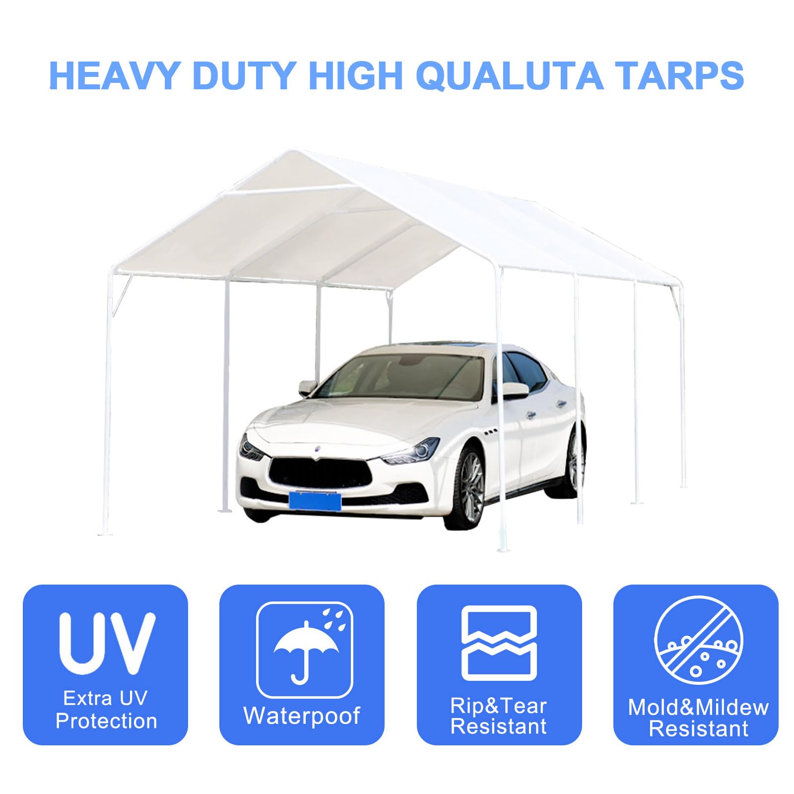 HFYZZ 10 x 20 Ft Heavy Duty Carport Replacement Canopy Cover Waterproof & UV Protected Garage Top Shelter Tarp Tent Cover with 44 Ball Bungees Cords, Only Top Cover, White