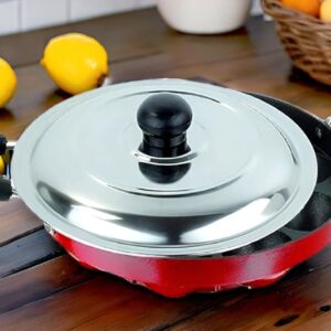 KASHVIYA Heavy 12 Cavities Non Stick Appam Patra With Stainless Lid,Red (Paniyarrakal/Paniyaram/Appam Pan/Maker/Pan Cake Maker), Aluminium (Large Black)(Gas Compatible)