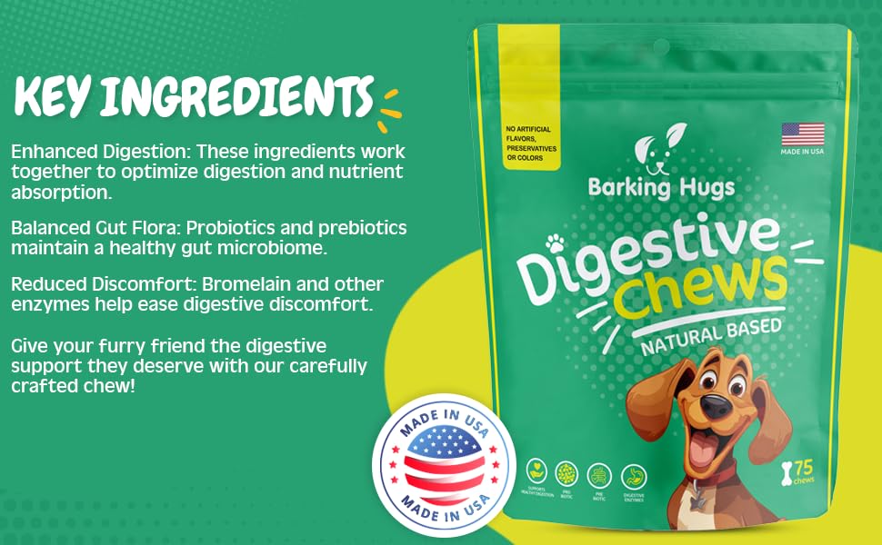 Barking Hugs Digestive Chews - Natural Probiotic & Prebiotic Enzyme Treats for Dogs - 6 Digestive Enzymes - Helps with Itching, Allergies, Gut Health, Digestion & Diarrhea