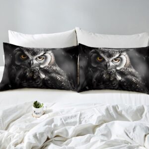 Erosebridal 3D Owl Bedding Queen Size Black and Grey Comforter Cover, Wild Animal Bed Set Cute Bird Duvet Cover, Woodland Wildlife Quilt Cover Animal Theme Black Room Decor 3pcs (Zipper Closure)