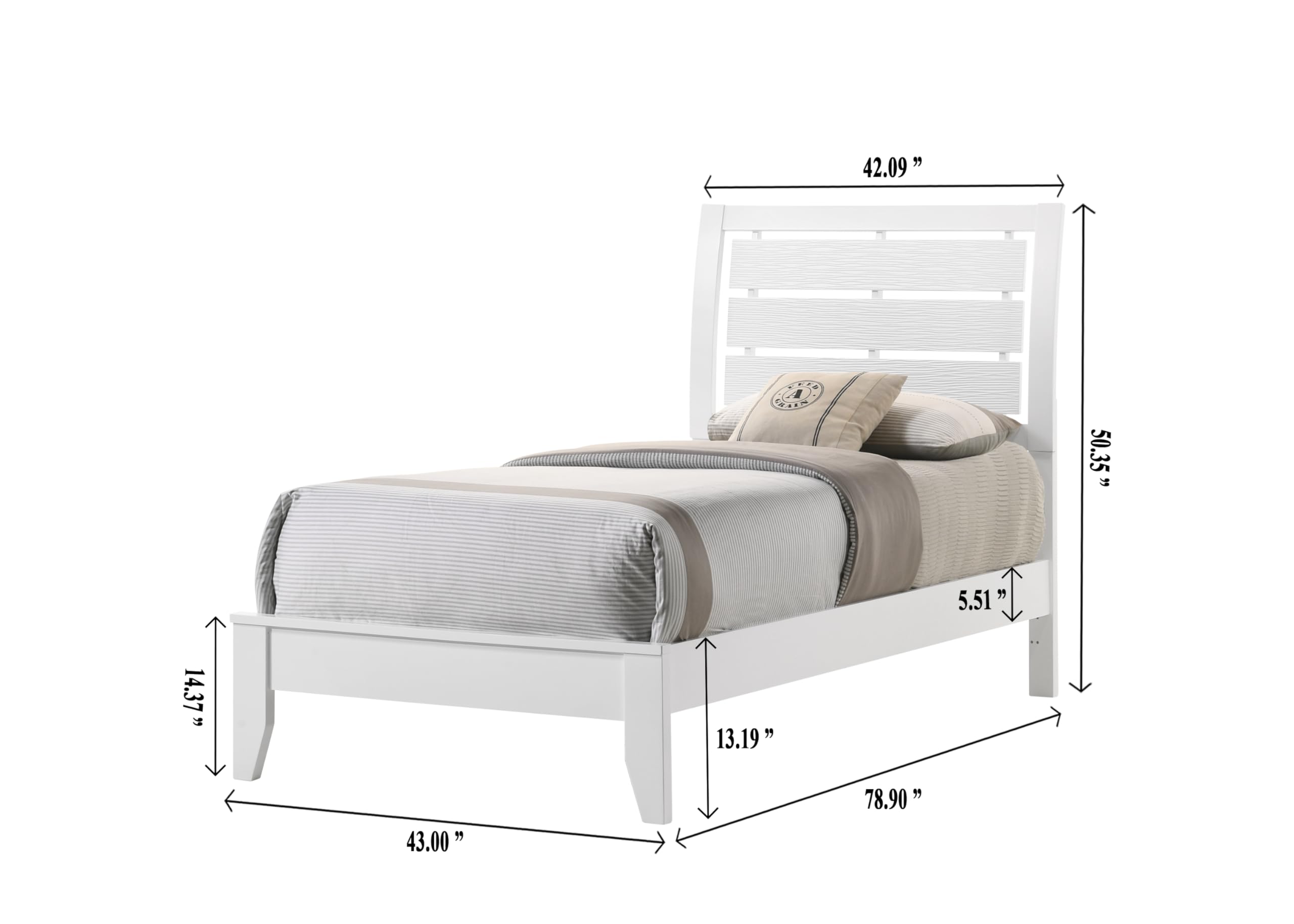 GOWE 1pc Twin Size White Finish Panel Bed Geometric Design Frame Softly Curved Headboard Wooden Youth Bedroom Furniture