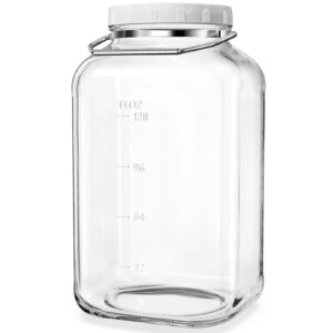 1.5 gallon large glass jar with lid, wide mouth mason jar with airtight screw lid and stainless steel handle, square clear glass storage containers with 2 scale mark for flour, sugar, pickle