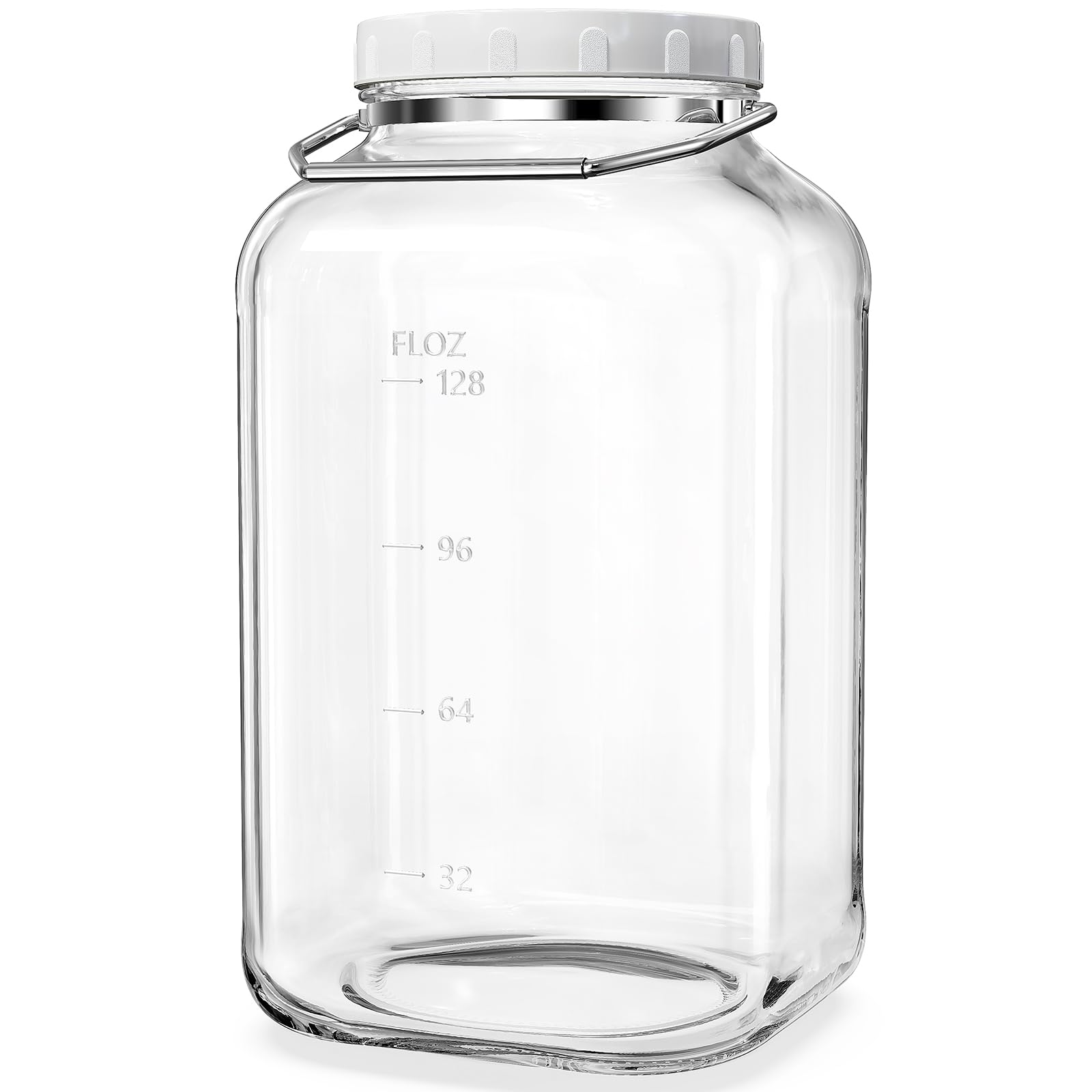 1.5 Gallon Large Glass Jar with Lid, Wide Mouth Mason Jar with Airtight Screw Lid and Stainless Steel Handle, Square Clear Glass Storage Containers With 2 Scale Mark for Flour, Sugar, Pickle