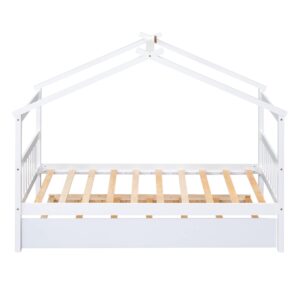 GOWE Twin Size Wooden House Bed with Twin Size Trundle, White