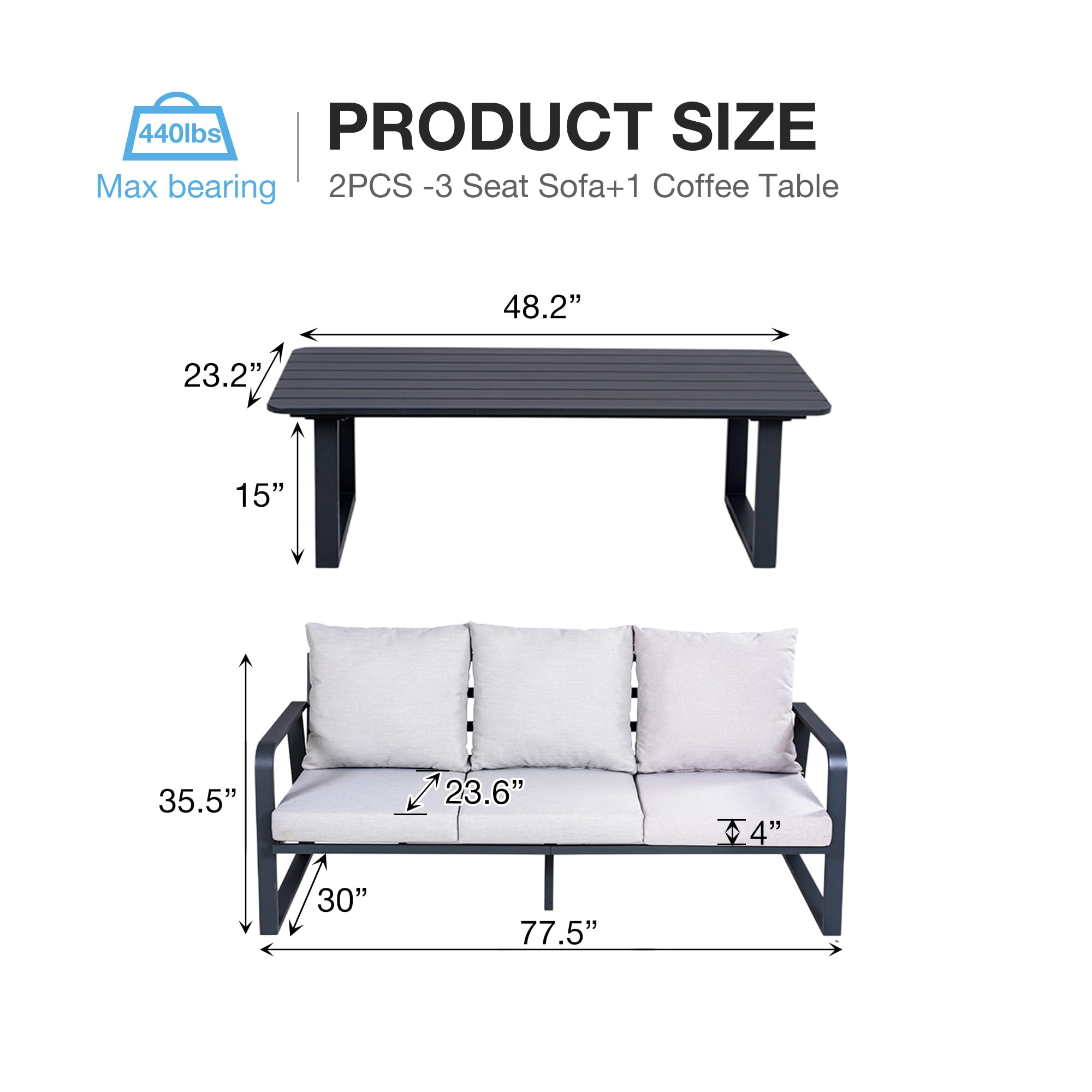 SUGOLD 3-Seat Outdoor Aluminum Patio Furniture Couch with Waterproof Cushions, All-Weather Modern Patio Matching Conversation Sofa Chairs (Silver Gray)